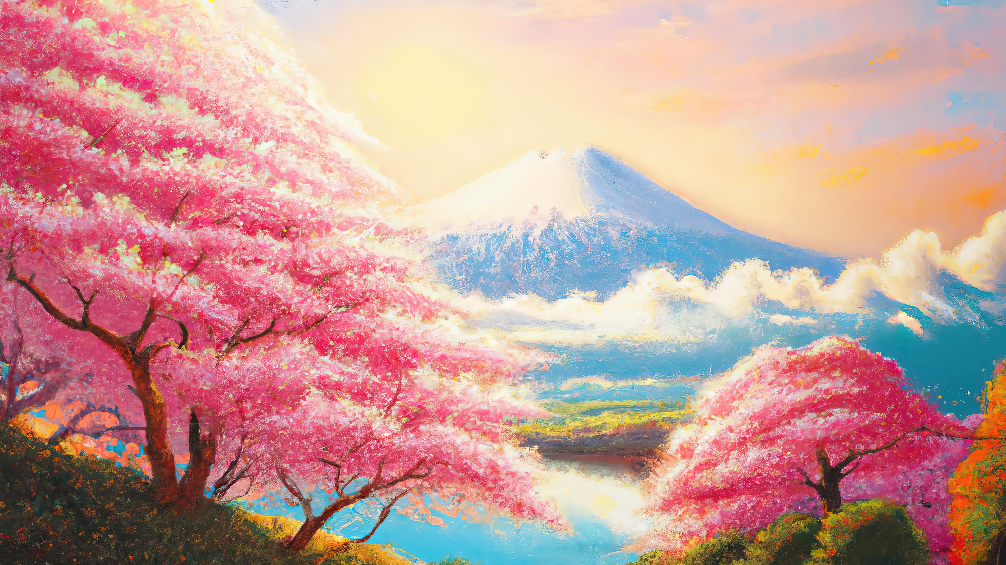 Cherry Blossom Mountain Digital Art 4k Wallpaper iPhone HD Phone