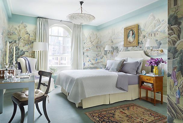 chinoiserie wallpaper provide a welcome contrast to the urban New York