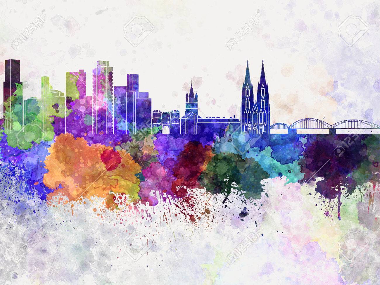 Cologne Skyline In Watercolor Background Stock Photo Picture And