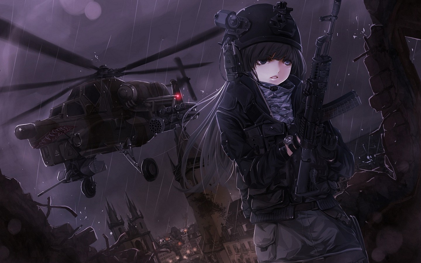 Anime Girls Gun Helicopters Wallpaper HD
