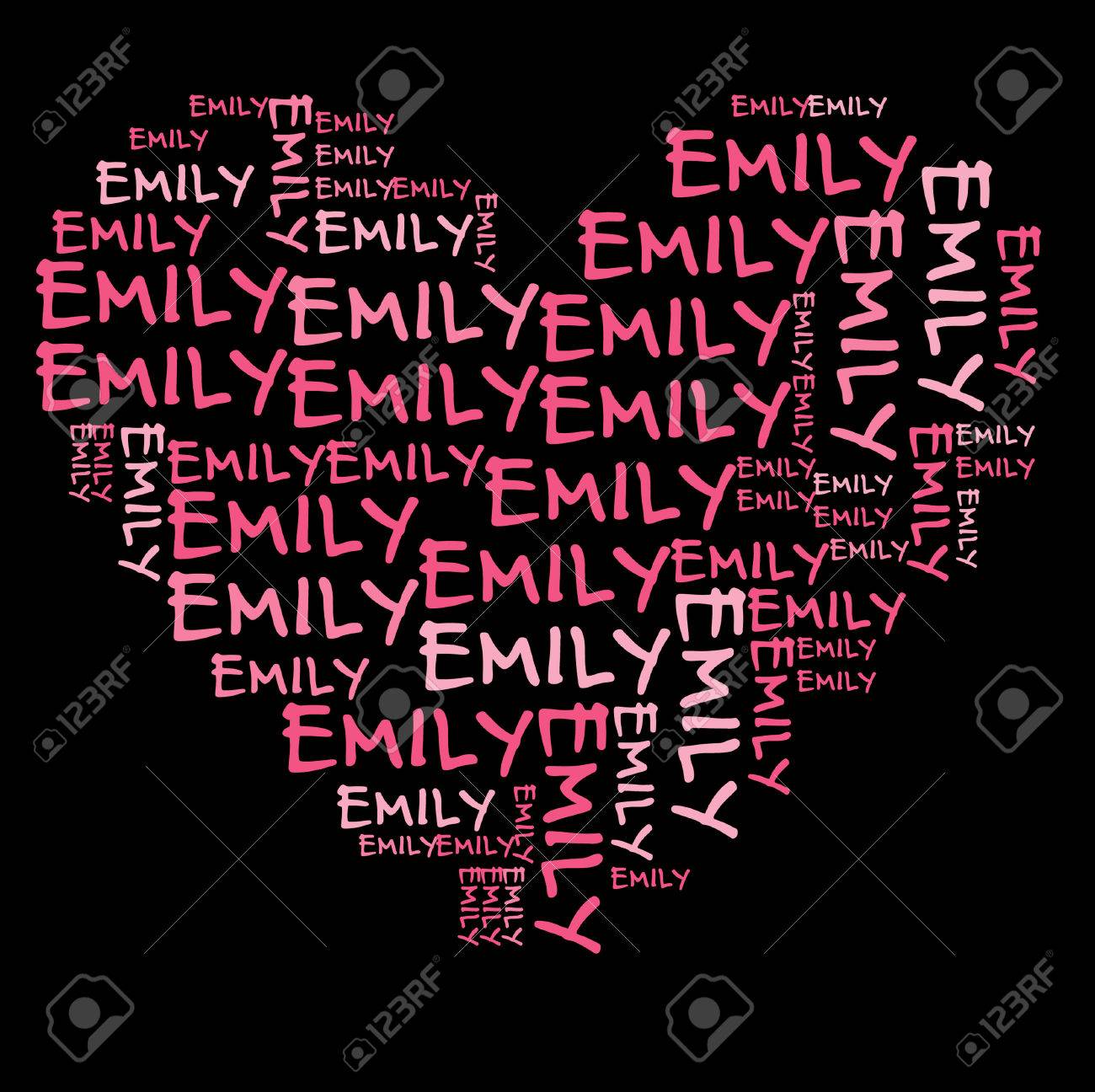 Emily Word Cloud In Pink Letters Against Black Background Stock