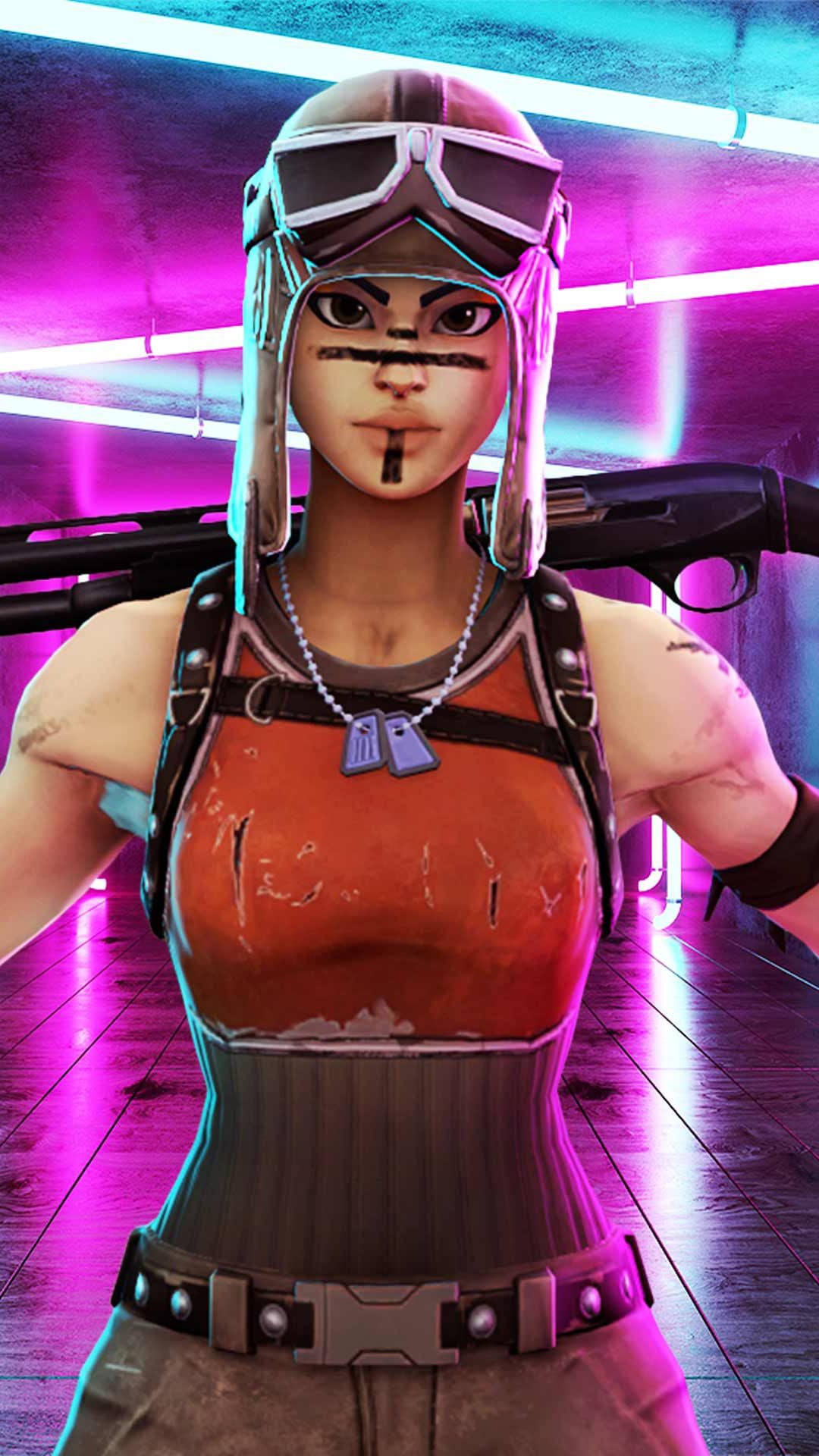 A fierce female raider from Fortnite, Renegade Raider, stands confidently against a vibrant neon backdrop. She wears an aviator hat, orange tank top, and dog tags. She's ready for battle!
