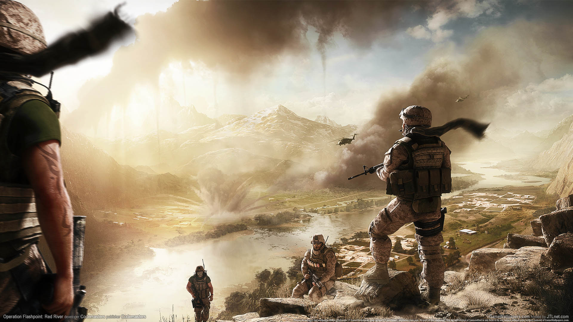Soldiers overlooking a battlefield with a helicopter in the background, military wallpaper