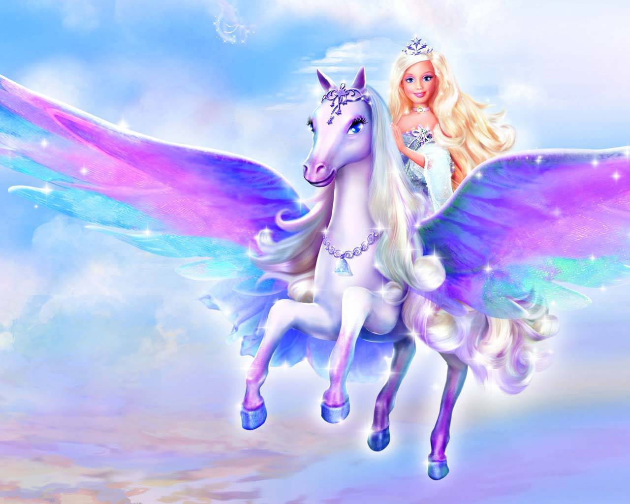 Barbie riding a Pegasus, soaring through a pastel sky. This image captures a scene from one of Barbie's magical movies