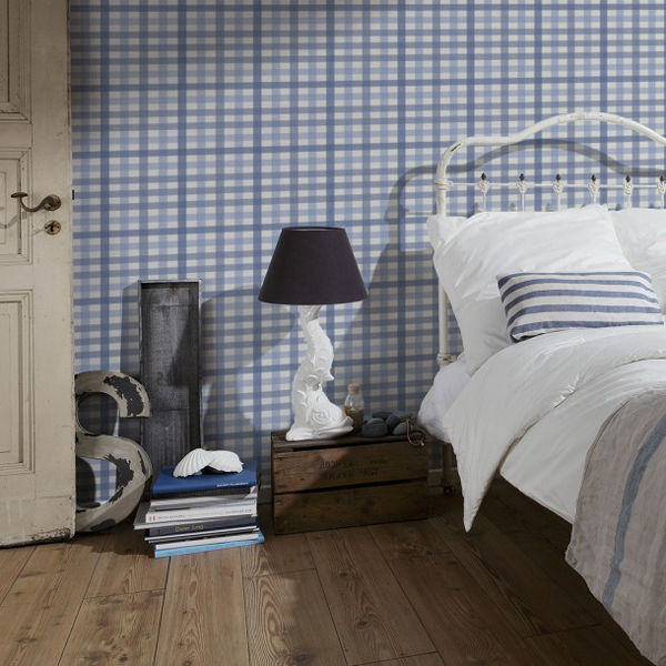 Gingham Checker Geometric wallpaper in Navy Blue Blue and White