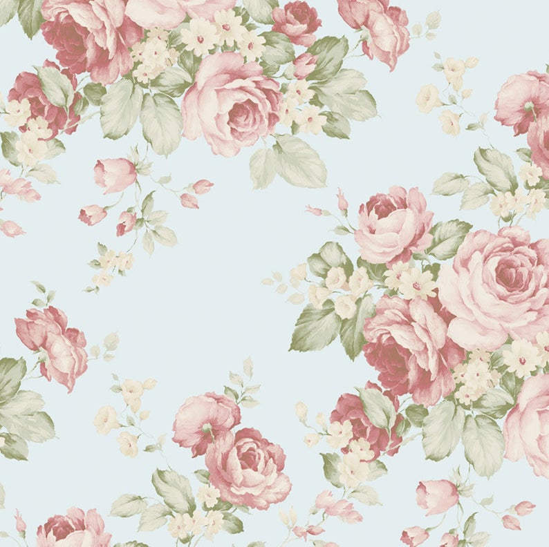 Light Blue Shabby Cottage Chic Wallpaper Faded Pink Cabbage