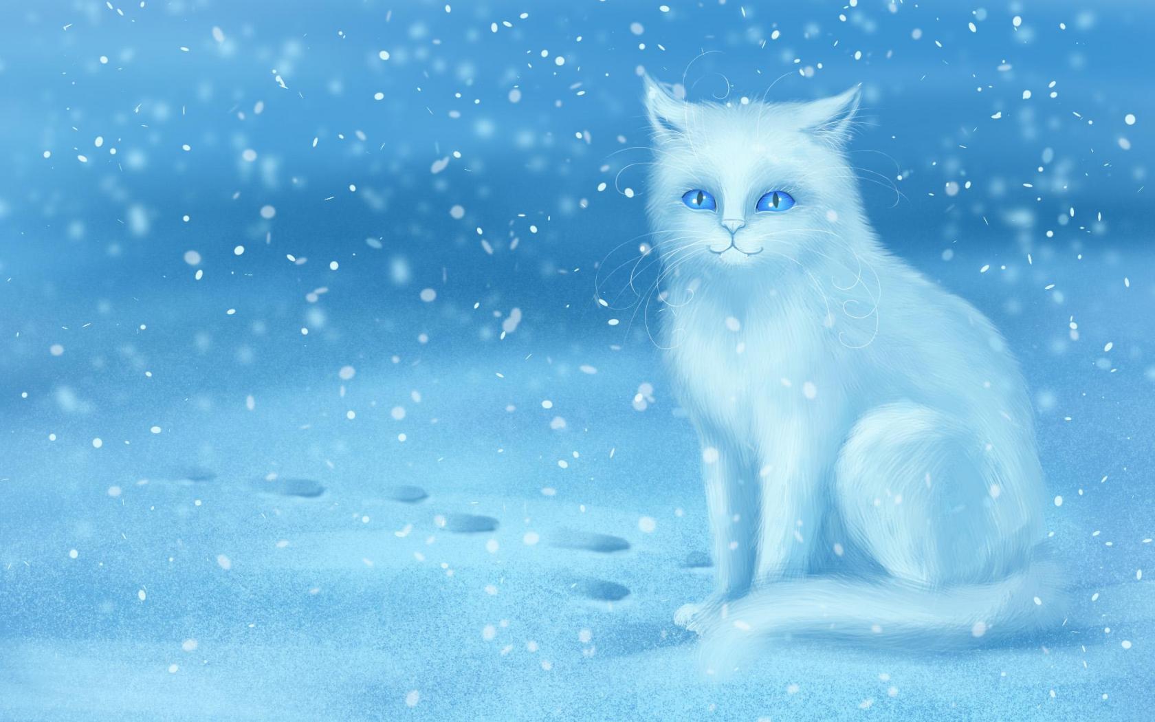White Cat In Winter Wallpaper HD