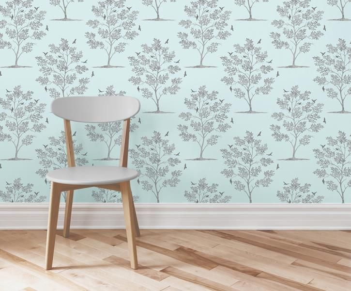 Trees And Birds Wallpaper Teal Silver Fd40549