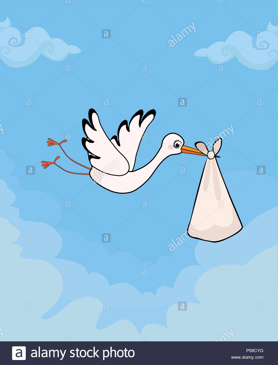 Cartoon vector illustration of cute stork delivering baby bundle 1057x1390
