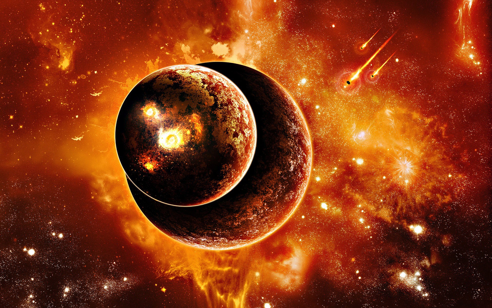Two planets colliding in a fiery cosmic explosion, creating a stunning space wallpaper