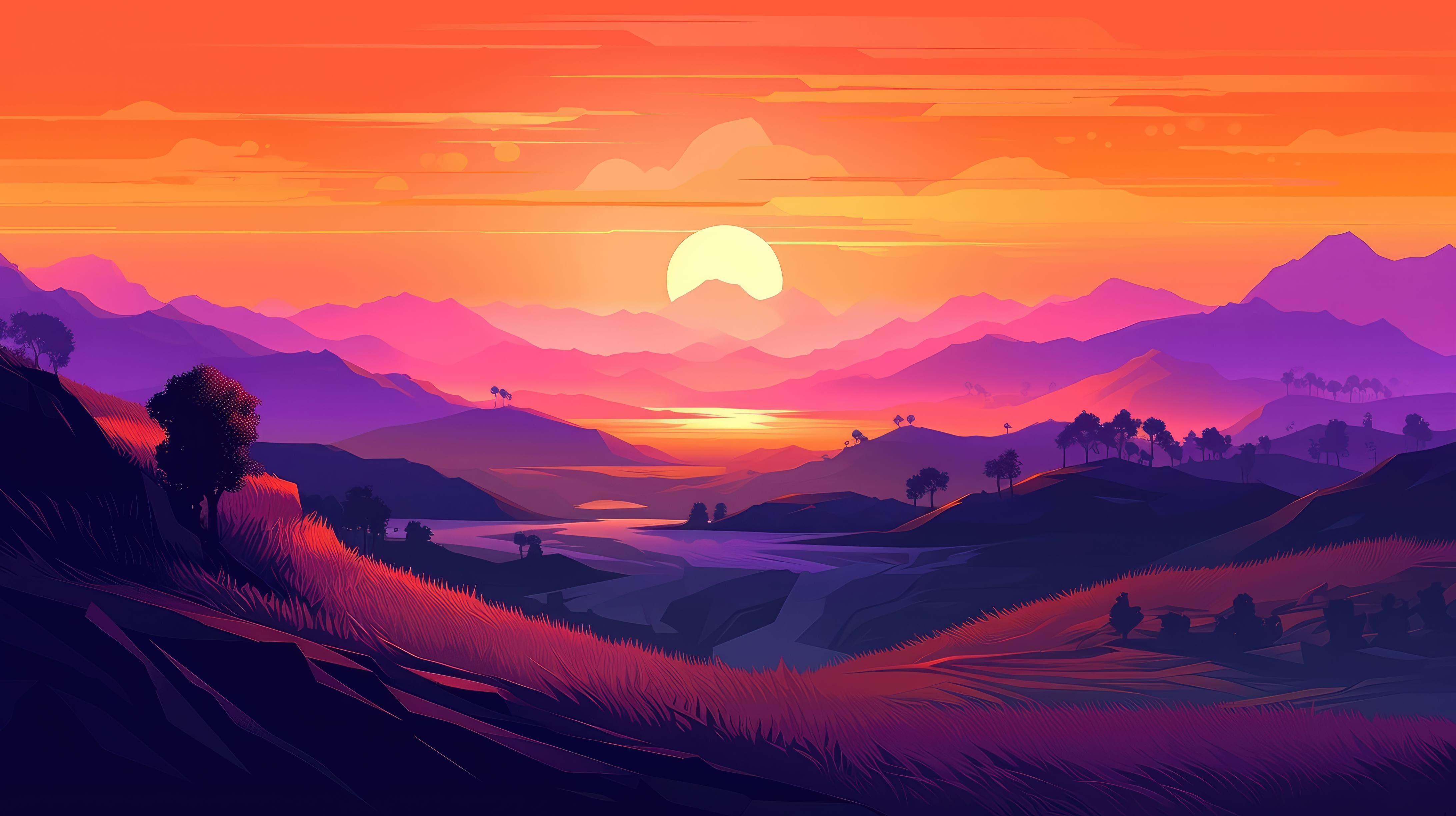 A Sunset Over Valley HD Wallpaper 4k Background