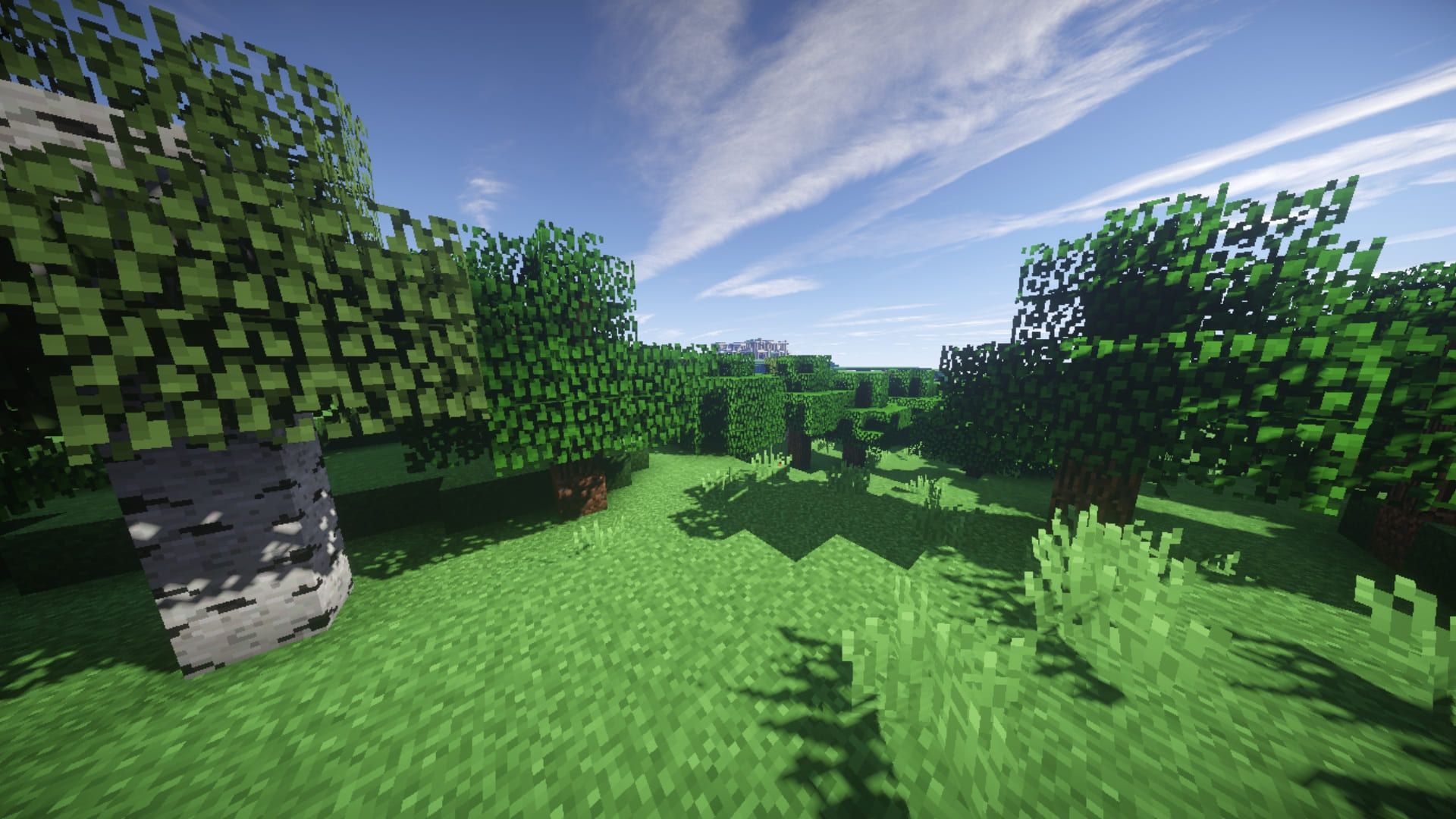A lush green Minecraft forest with a birch tree in the foreground and a distant structure in the background