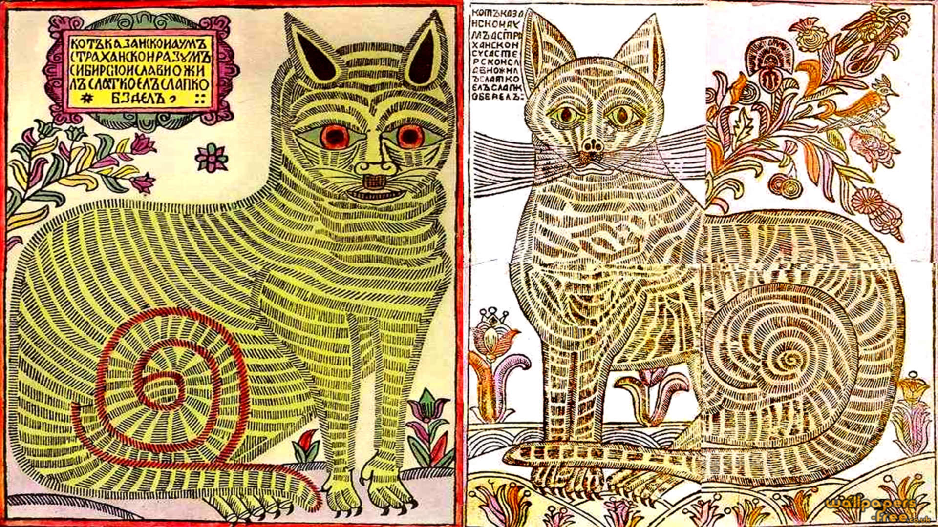 Two Cats Russian Folk Art Wallpaper Image
