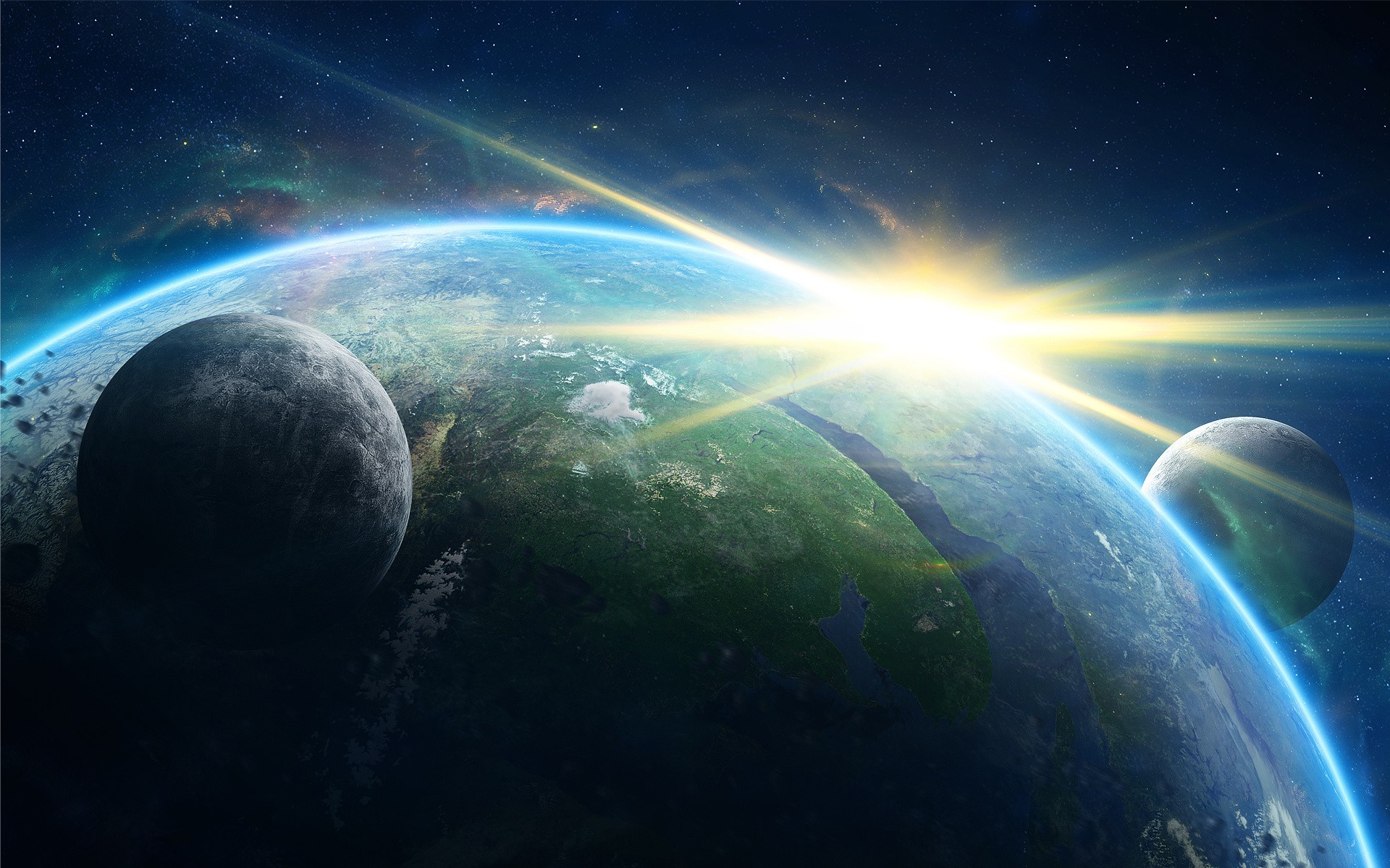 A breathtaking view of Earth from space, with two moons and a bright star in the background. Perfect for outer space enthusiasts