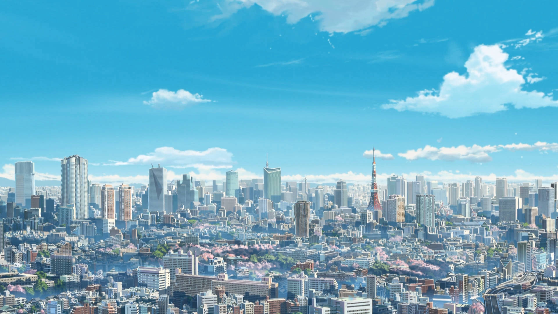 A stunning 4k wallpaper of the Tokyo skyline on a clear day, featuring the Tokyo Tower and various skyscrapers