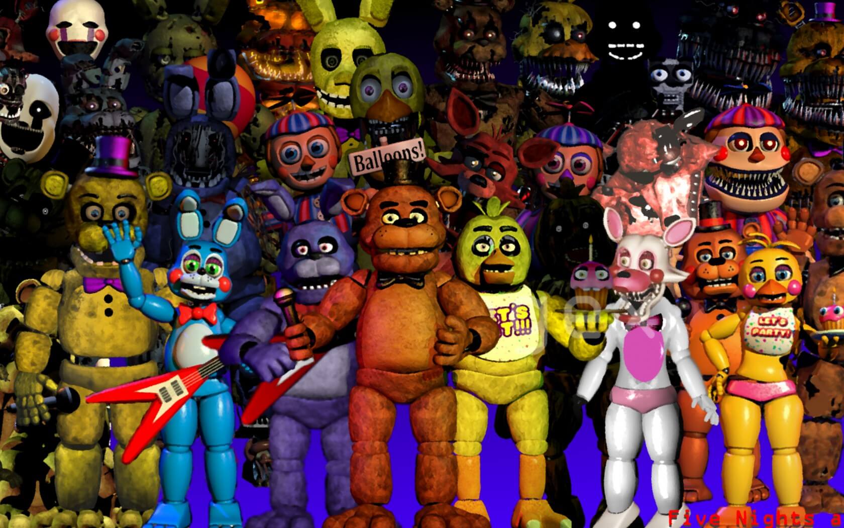 A vibrant collage of characters from the Five Nights at Freddy's (FNAF) universe