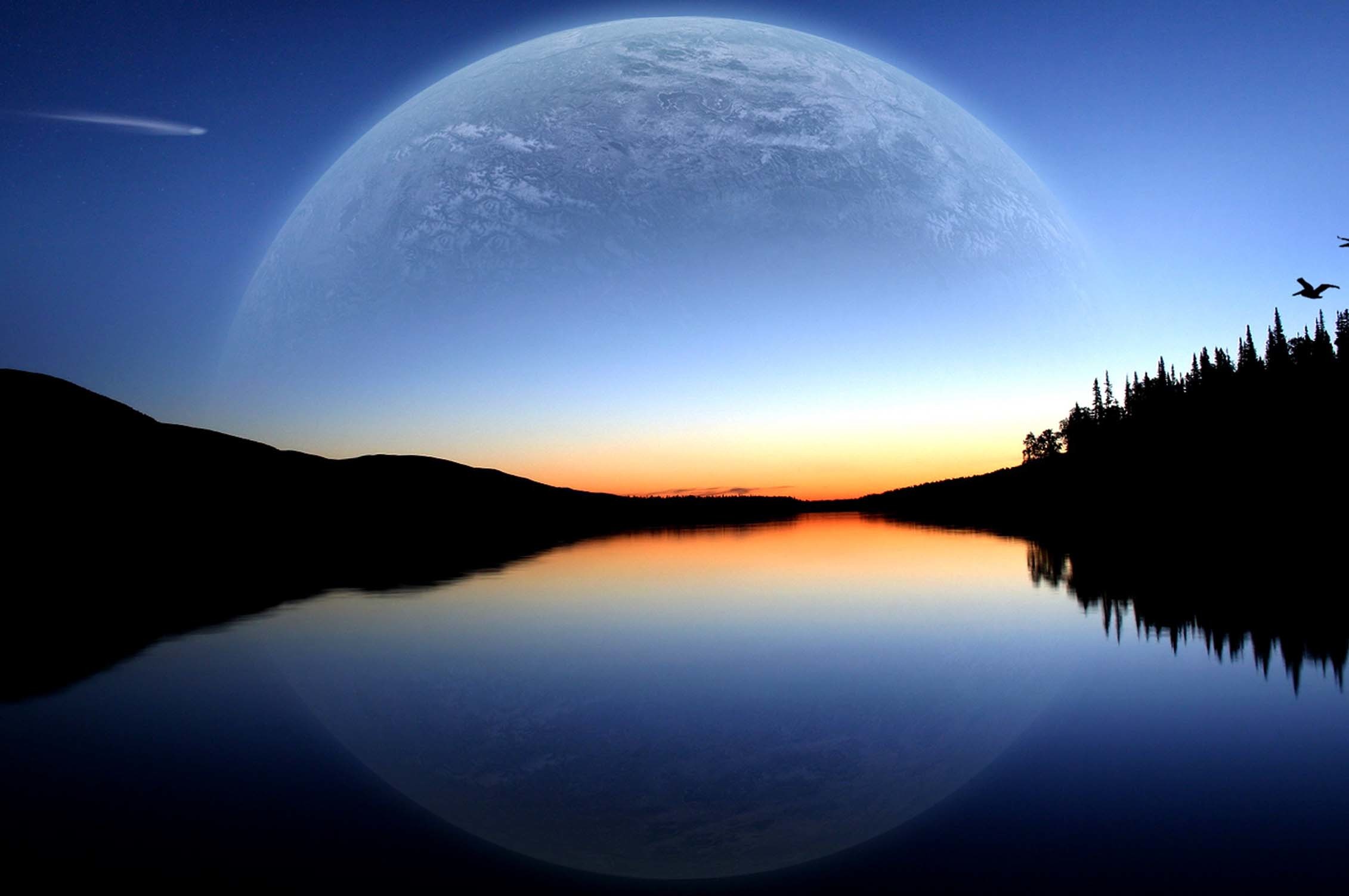 A serene lake reflects a large, ethereal moon at sunset, creating a tranquil nature scene