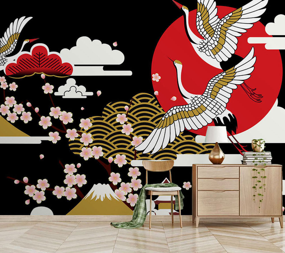 Bacaz Japanese Style Red Crowned Crane Sakura Flower Wallpaper