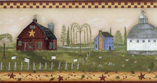 Burgundy Primitive Farm Wallpaper Border