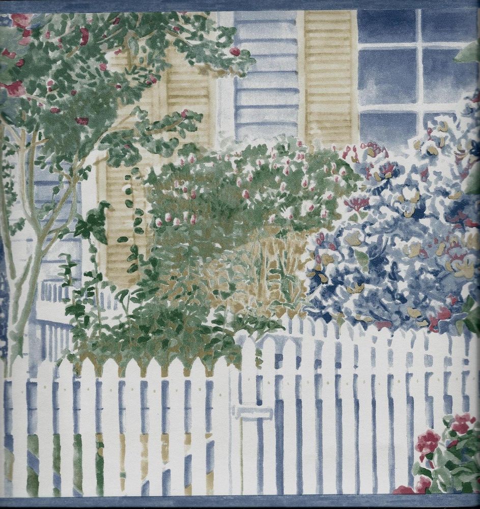 Scene With White Picket Fence Flower Garden Wallpaper Border