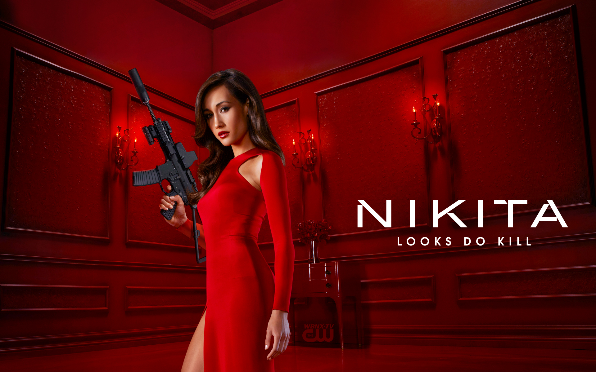 With Guns Maggie Q Red Dress Nikita Tv Series Wallpaper Background