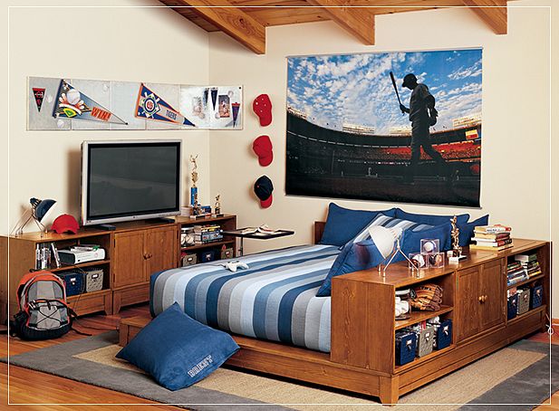Teen Room Design With Blue Striped Bed And Wallpaper Pbteen Boys