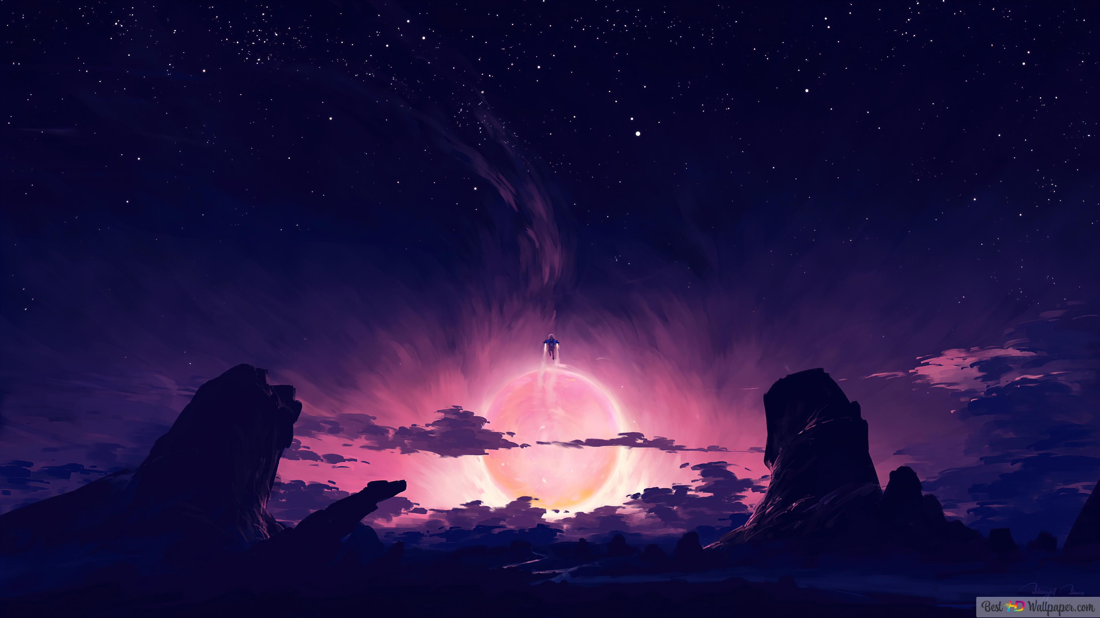 A person silhouetted against a vibrant pink and orange moon in a starry night sky, with dark, rocky terrain in the foreground
