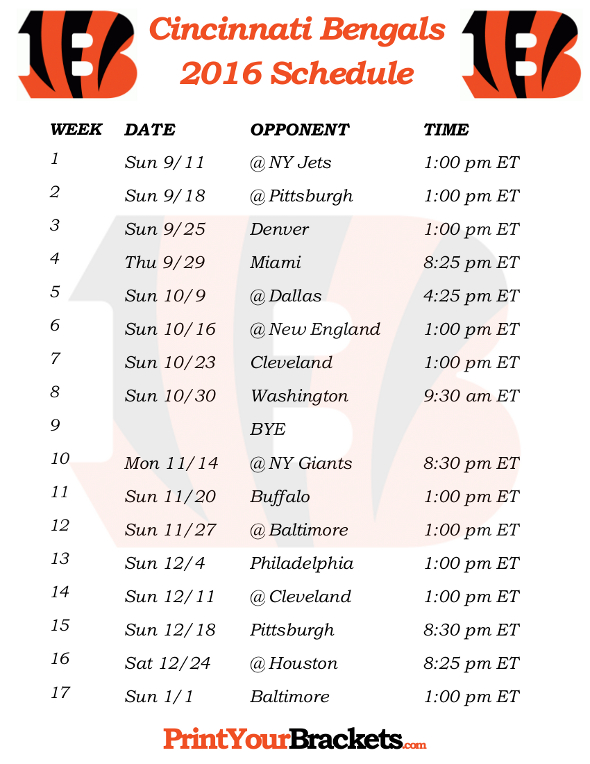 Printable Cincinnati Bengals Schedule Football Season