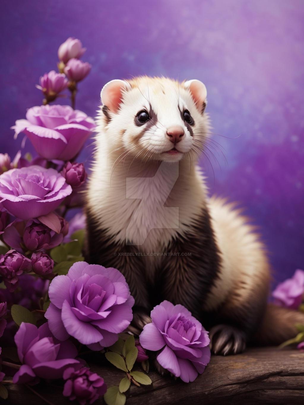 Ferret with purple flowers by xRebelYellx