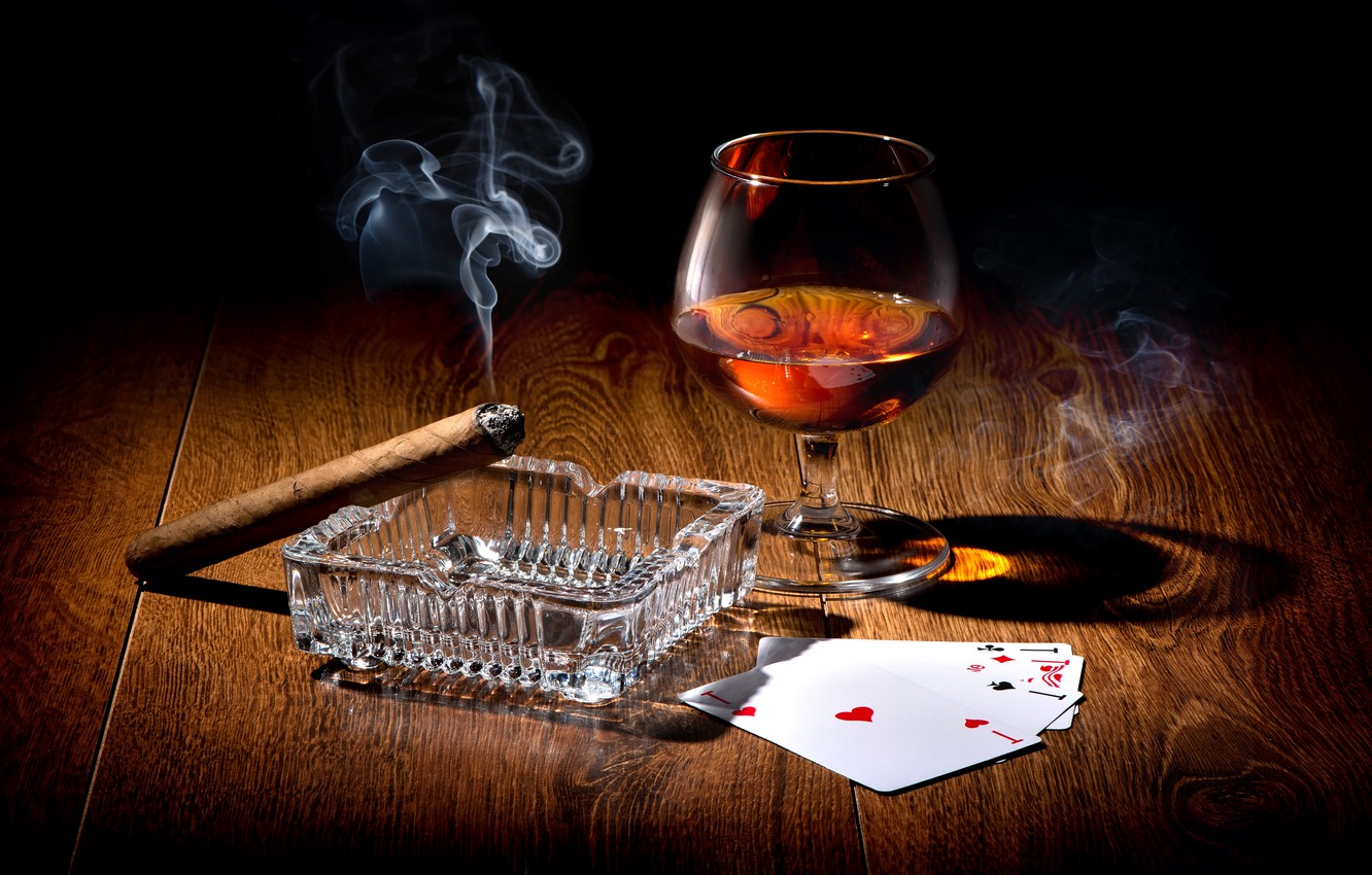 Wallpaper Card Light Table Wine Smoke Glass Cigar Twilight