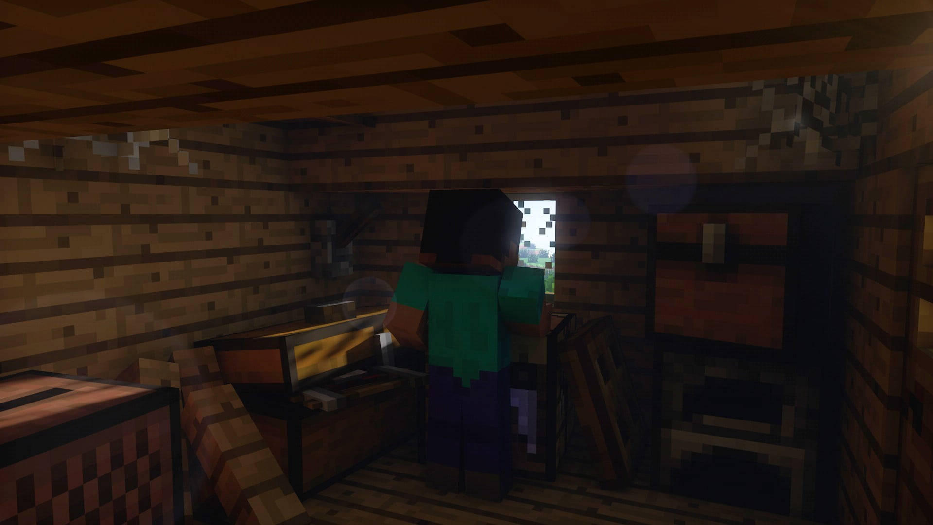 A humorous Minecraft wallpaper depicting a player inside a rustic wooden house, possibly contemplating their next adventure or taking a break from the blocky world