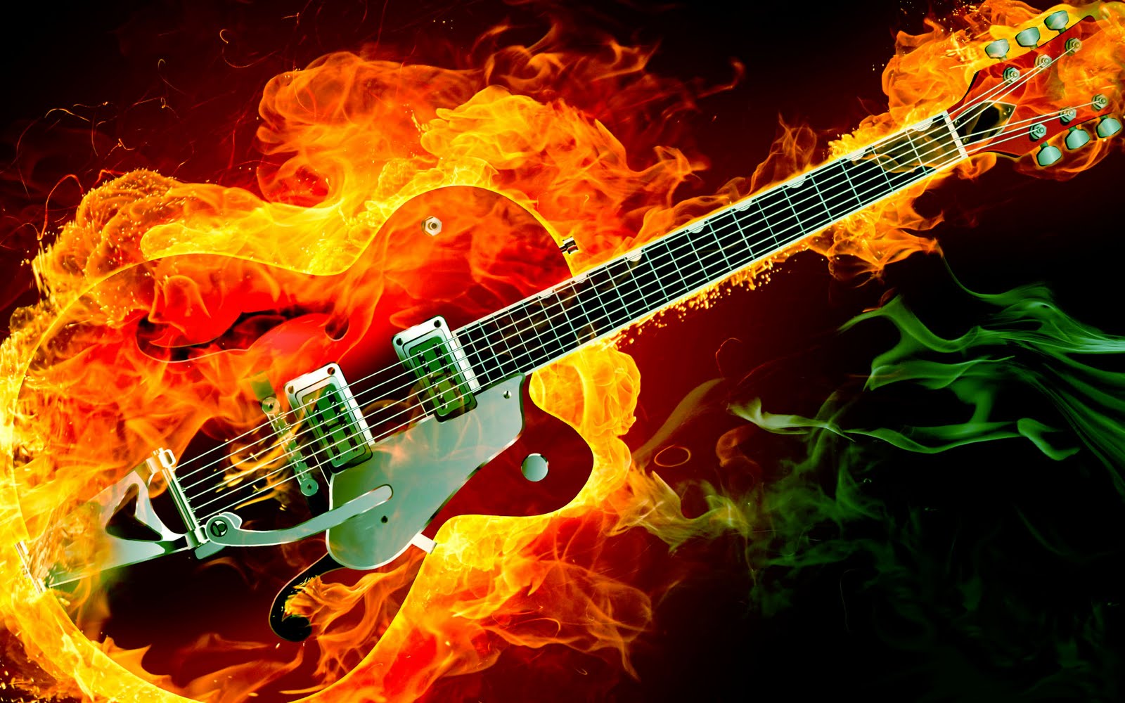 Guitar On Fire Red Green Smoke Flames HD Music Desktop Wallpaper