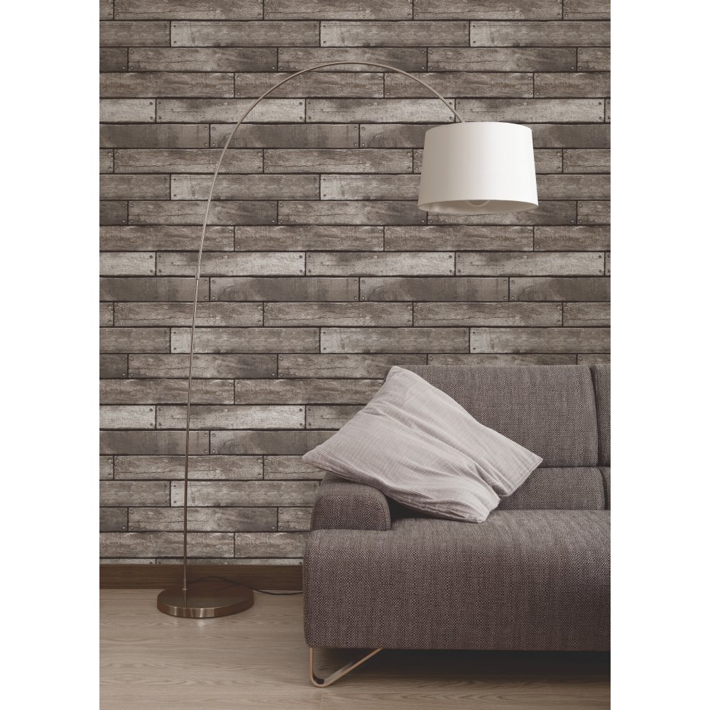 Fine Decor Wooden Plank Designer Feature Wallpaper Silver Charcoal