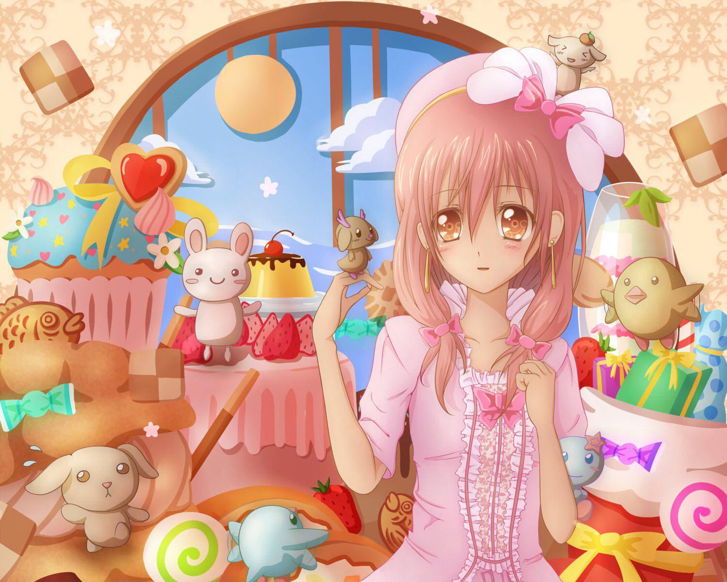 Kawaii anime girl with lots of sweet candy