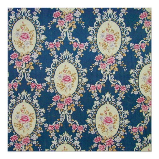 Vintage Girly Navy Blue Pink White Floral Pattern Poster