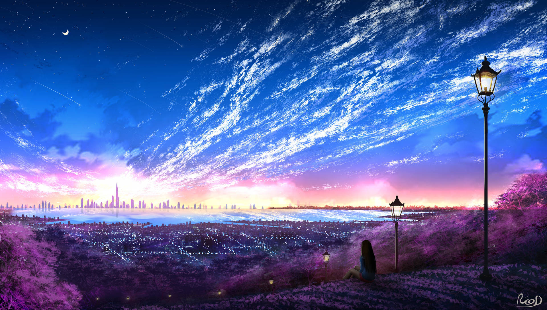 Anime 4k Wallpaper: Girl Watching City Sunset