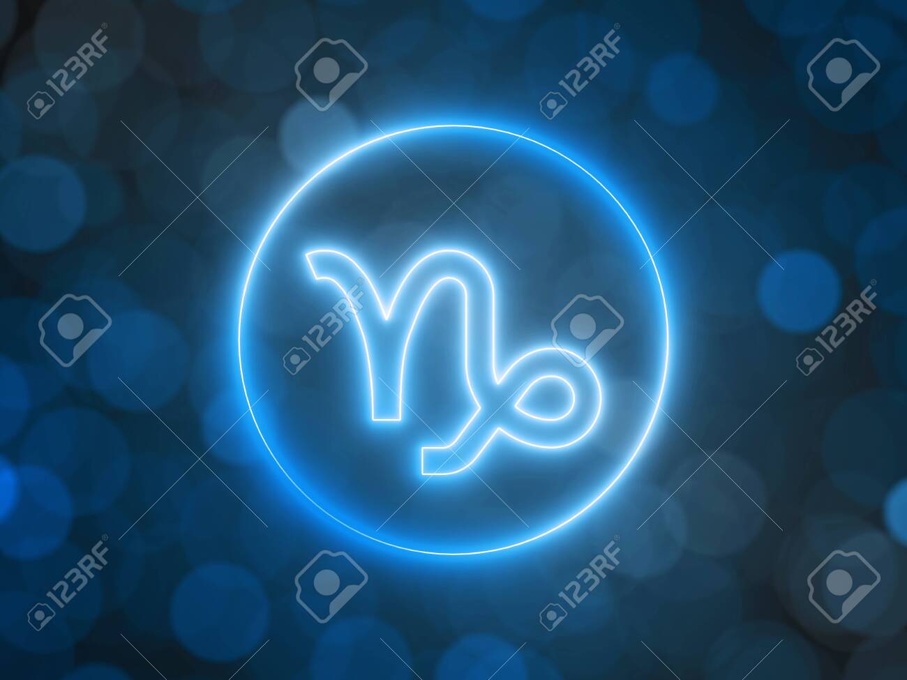 Glowing Neon Sign Of Capricorn With Blurred Bokeh Background