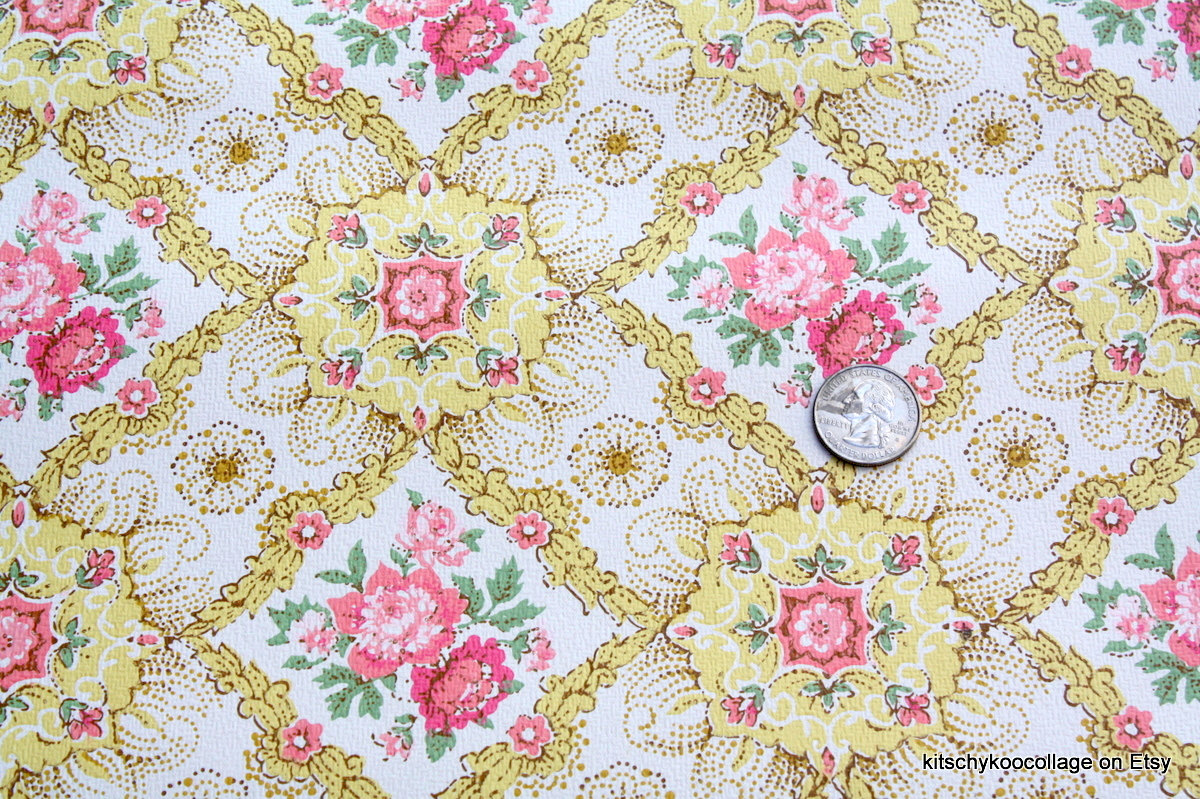 S Vintage Wallpaper Yellow With Pink Roses By Retrowallpaper