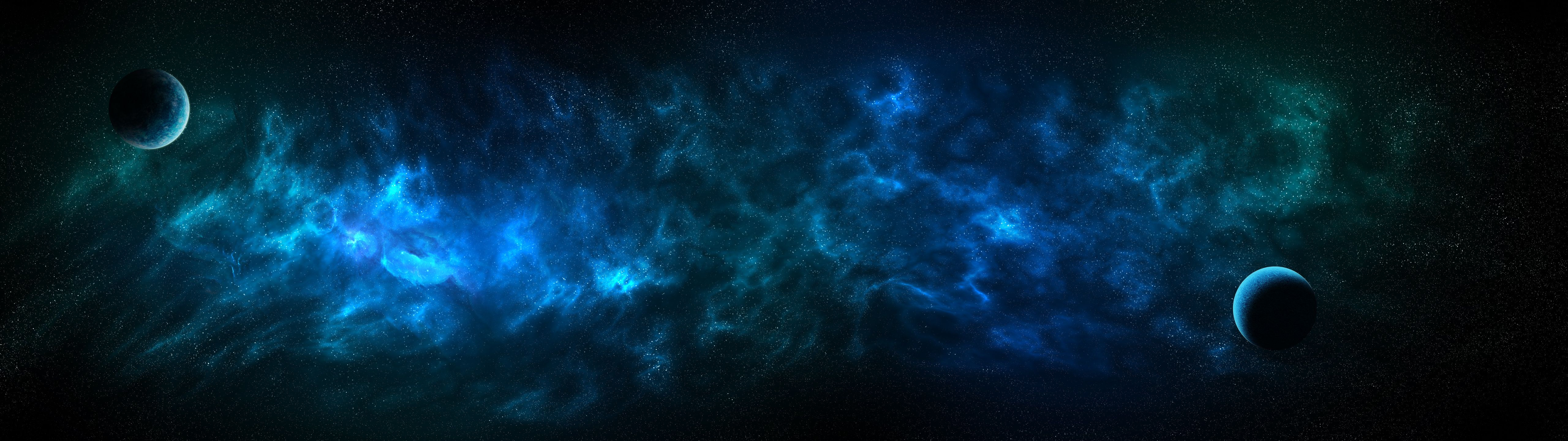 A panoramic view of a nebula in shades of blue and teal, dotted with stars and two dark planetary bodies at the edges