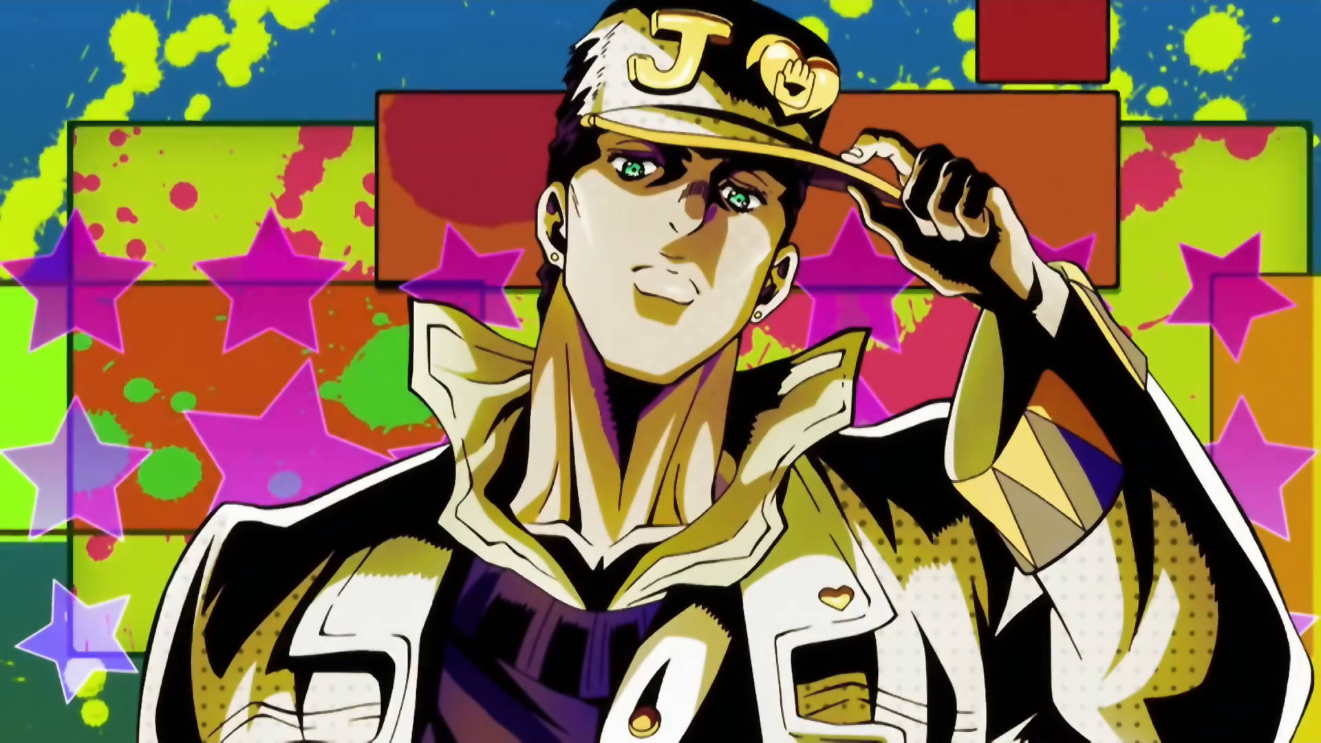 A vibrant illustration of Jotaro Kujo from JoJo's Bizarre Adventure, tipping his hat against a colorful, star-studded background