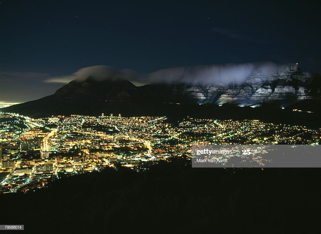 Cape Town Night Lights With Table Mountain Lit Up In The