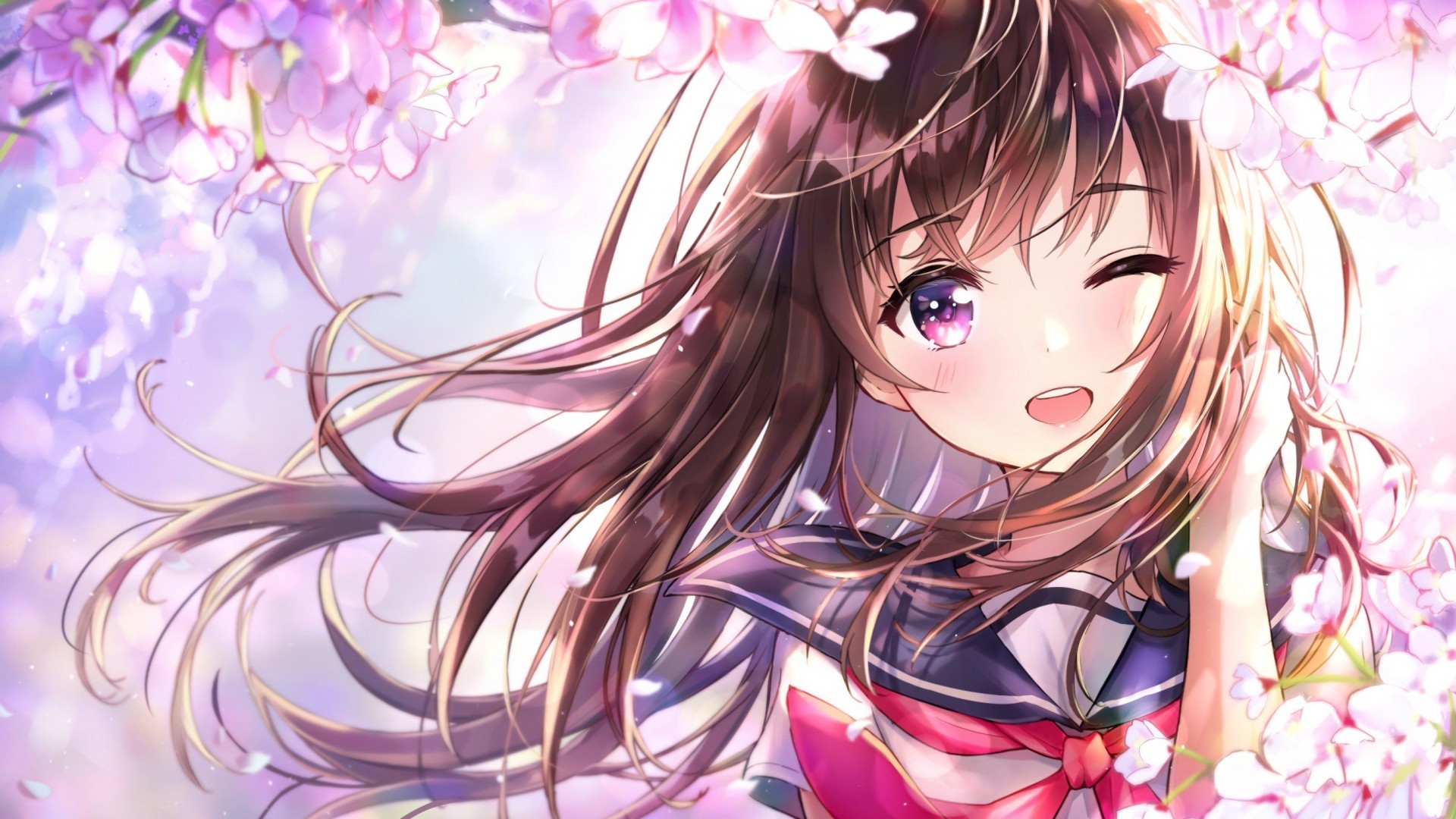 Anime Girl Wink Cherry Blossom Cute School
