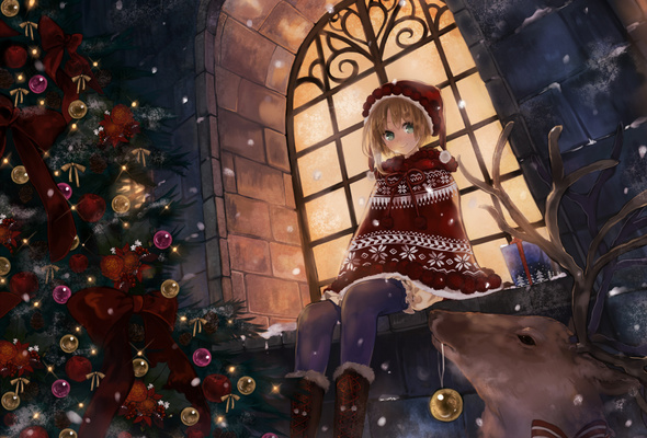 Wallpaper Christmas New Year Anime Snow Tree Deer