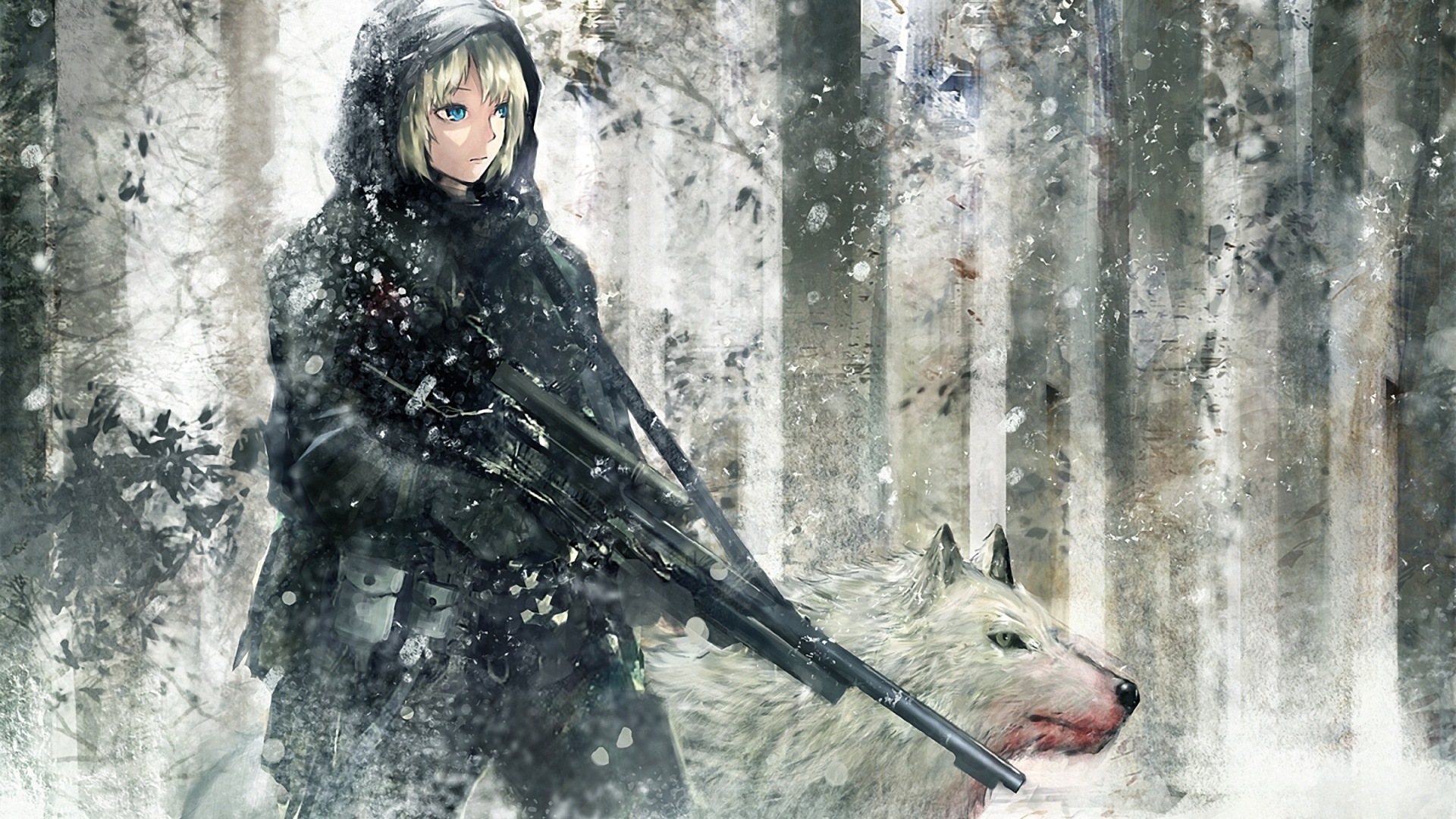 Wallpaper Girl With A Gun And White Wolf Bloody Face In The