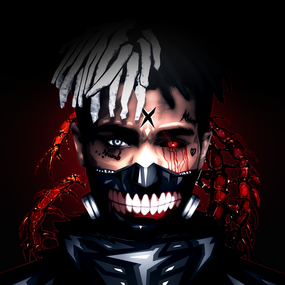 A stylized digital artwork featuring XXXTentacion in a dark, anime-inspired aesthetic with a menacing mask and red accents