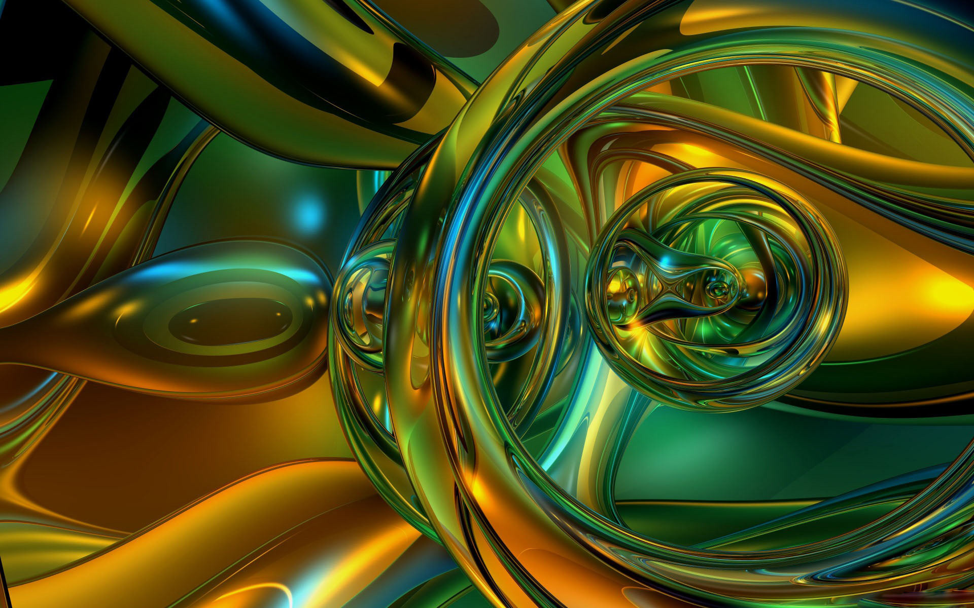 Abstract 3D wallpaper with swirling gold and green shapes, creating a dynamic and visually appealing desktop background
