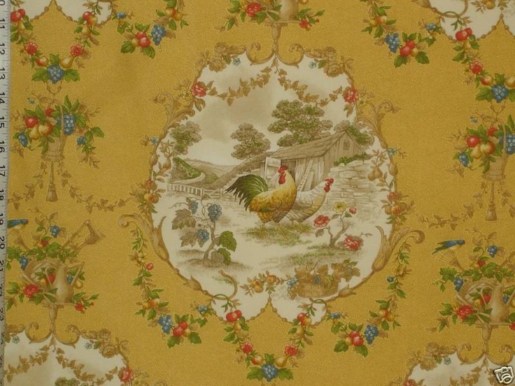 Rooster Toile Fabric Chicken Yellow Country Novelty