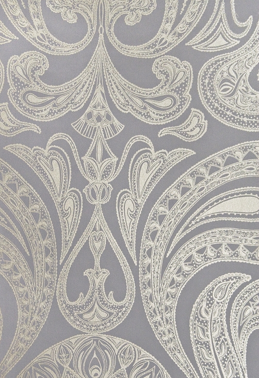  Grey wallpaper with large metallic silver Paisley design in white