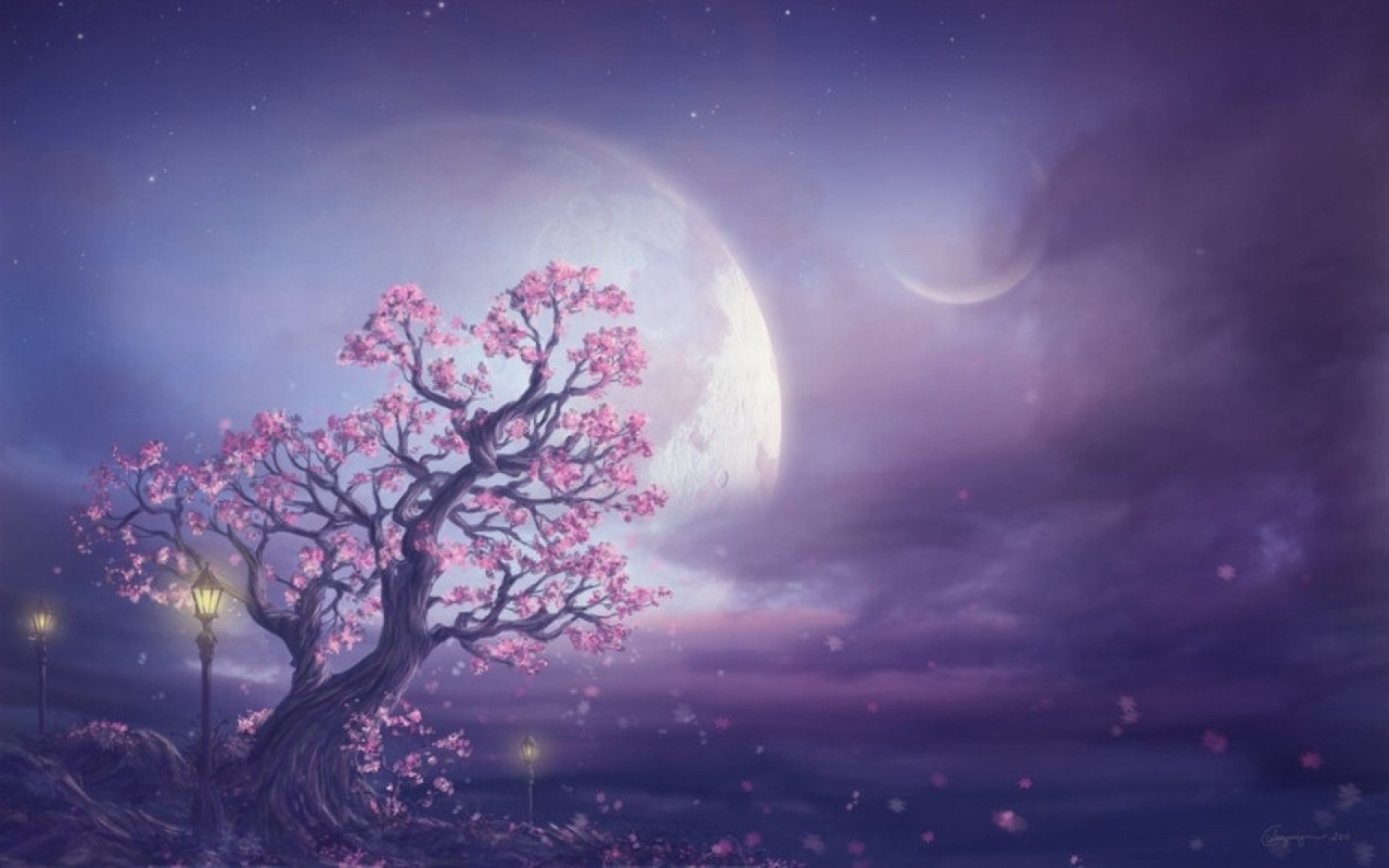 Pink Tree Moon Purple Sky Wallpaper