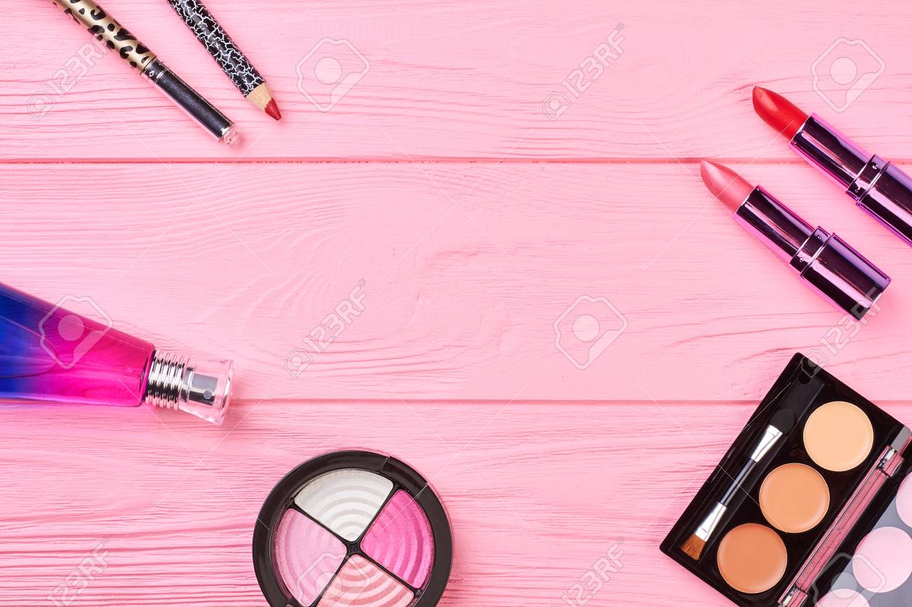 Colorful Cosmetics On Wooden Background Decorative Makeup